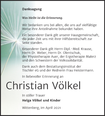 Traueranzeige von Christian Völkel von Trauerkombi Wittenberg