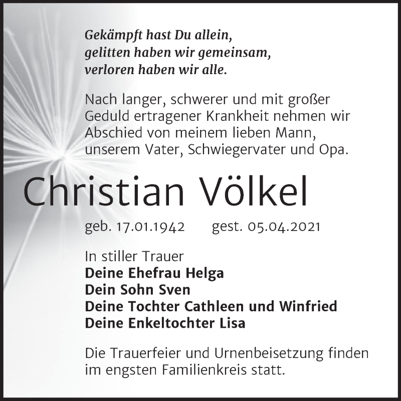  Traueranzeige für Christian Völkel vom 10.04.2021 aus Mitteldeutsche Zeitung Wittenberg
