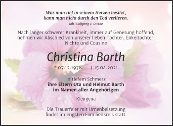 Traueranzeige von Christina Barth von Wochenspiegel Naumburg/Nebra