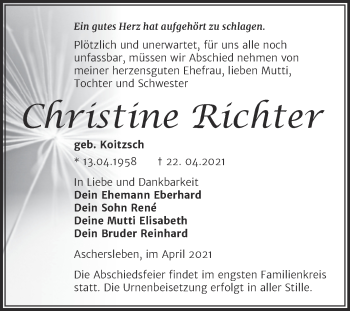 Traueranzeige von Christine Richter von Trauerkombi Aschersleben
