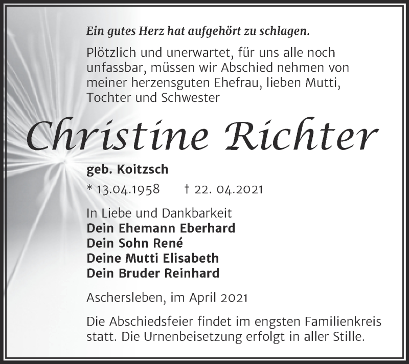  Traueranzeige für Christine Richter vom 30.04.2021 aus Trauerkombi Aschersleben