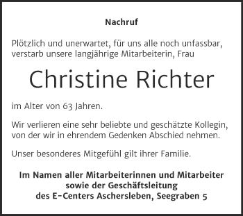 Traueranzeige von Christine Richter von Mitteldeutsche Zeitung Salzlandkreis