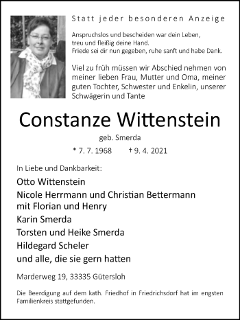 Traueranzeige von Constanze Wittenstein von Mitteldeutsche Zeitung Merseburg/Querfurt