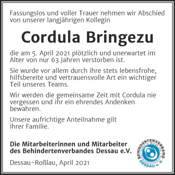 Traueranzeige von Cordula Bringezu von Mitteldeutsche Zeitung Dessau-Roßlau