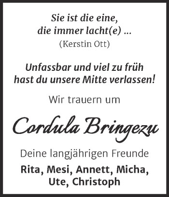 Traueranzeige von Cordula Bringezu von Mitteldeutsche Zeitung Dessau-Roßlau