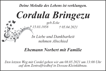 Traueranzeige von Cordula Bringezu von Mitteldeutsche Zeitung Dessau-Roßlau