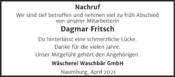 Traueranzeige von Dagmar Fritsch von Wochenspiegel Naumburg/Nebra