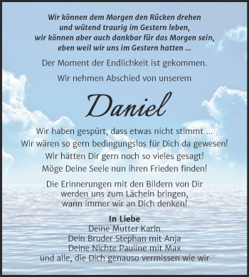 Traueranzeige von Daniel  von Mitteldeutsche Zeitung Halle/Saalkreis