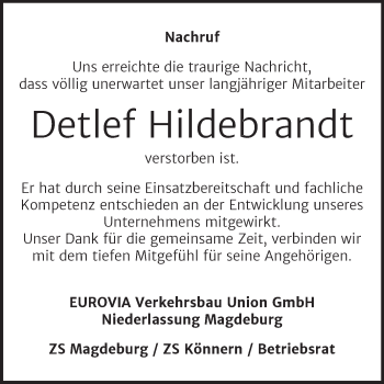 Traueranzeige von Detlef Hildebrandt von Mitteldeutsche Zeitung Salzlandkreis