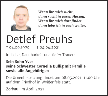 Traueranzeige von Detlef Preuhs von Mitteldeutsche Zeitung Weißenfels