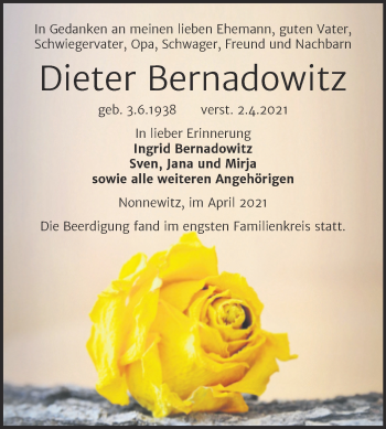 Traueranzeige von Dieter Bernadowitz von Trauerkombi Zeitz