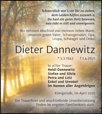 Traueranzeige von Dieter Dannewitz von Mitteldeutsche Zeitung Quedlingburg