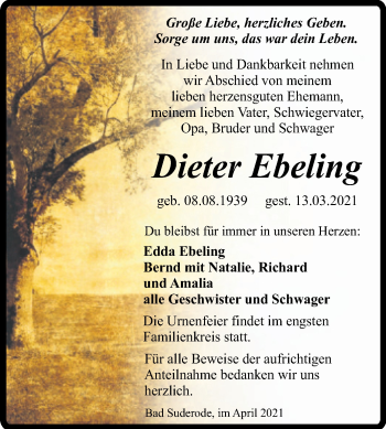 Traueranzeige von Dieter Ebeling von Mitteldeutsche Zeitung Quedlingburg