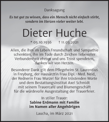 Traueranzeige von Dieter Huche von Super Sonntag Naumburg/Nebra