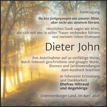 Traueranzeige von Dieter John von Mitteldeutsche Zeitung Köthen