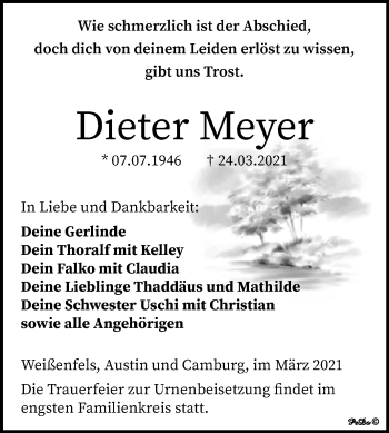 Traueranzeige von Dieter Meyer von Mitteldeutsche Zeitung Weißenfels