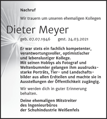 Traueranzeige von Dieter Meyer von Mitteldeutsche Zeitung Weißenfels