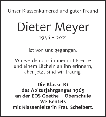Traueranzeige von Dieter Meyer von Mitteldeutsche Zeitung Weißenfels