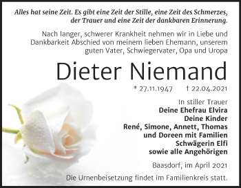 Traueranzeige von Dieter Niemand von Trauerkombi Köthen