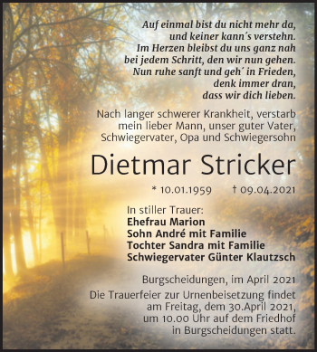Traueranzeige von Dietmar Stricker von Super Sonntag Naumburg/Nebra