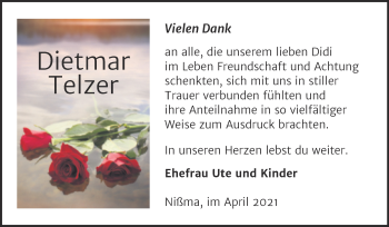 Traueranzeige von Dietmar Telzer von Trauerkombi Zeitz