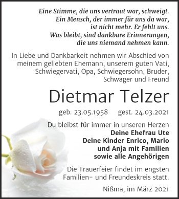 Traueranzeige von Dietmar Telzer von Mitteldeutsche Zeitung Zeitz