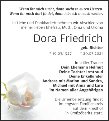 Traueranzeige von Dora Friedrich von Mitteldeutsche Zeitung Bitterfeld