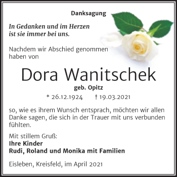 Traueranzeige von Dora Wanitschek von Mitteldeutsche Zeitung Mansfelder Land