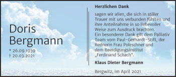 Traueranzeige von Doris Bergmann von Mitteldeutsche Zeitung Wittenberg