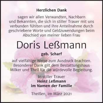 Traueranzeige von Doris Leßmann von Mitteldeutsche Zeitung Zeitz