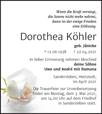 Traueranzeige von Dorothea Köhler von Trauerkombi Mansfelder Land