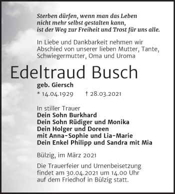 Traueranzeige von Edeltraud Busch von Mitteldeutsche Zeitung Wittenberg