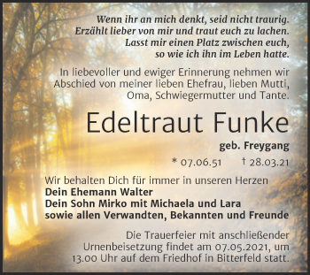 Traueranzeige von Edeltraut Funke von Trauerkombi Bitterfeld