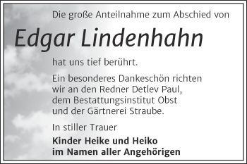 Traueranzeige von Edgar Lindenhahn von Mitteldeutsche Zeitung Merseburg/Querfurt