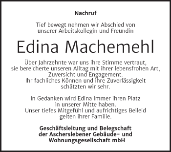 Traueranzeige von Edina Machemehl von Mitteldeutsche Zeitung Salzlandkreis