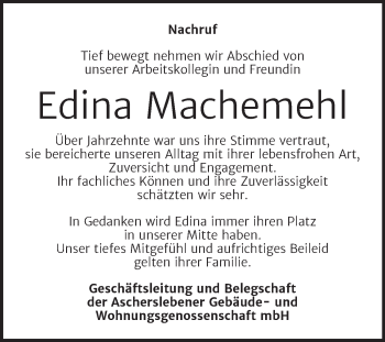 Traueranzeige von Edina Machemehl von Super Sonntag Aschersleben