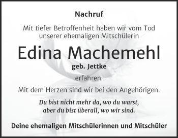 Traueranzeige von Edina Machemehl von Trauerkombi Aschersleben