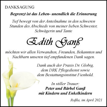 Traueranzeige von Edith Ganß von Mitteldeutsche Zeitung Sangerhausen