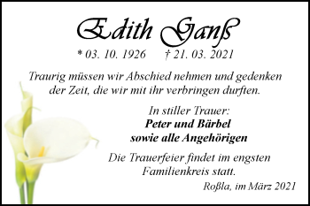 Traueranzeige von Edith Ganß von Mitteldeutsche Zeitung Sangerhausen