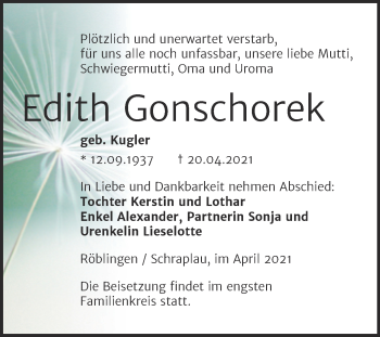 Traueranzeige von Edith Gonschorek von Trauerkombi Mansfelder Land