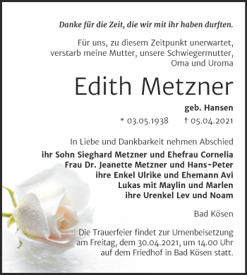 Traueranzeige von Edith Metzner von Mitteldeutsche Zeitung Naumburg/Nebra