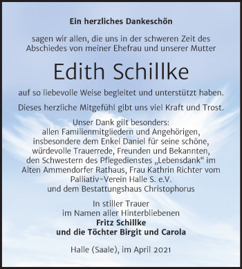 Traueranzeige von Edith Schillke von Mitteldeutsche Zeitung Halle/Saalkreis