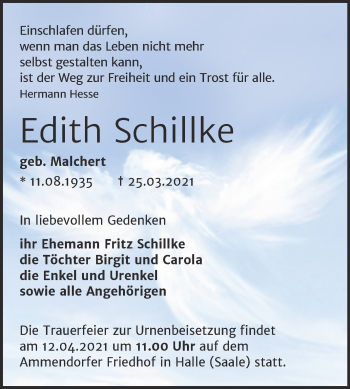 Traueranzeige von Edith Schillke von Mitteldeutsche Zeitung Halle/Saalkreis