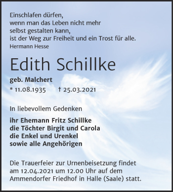 Traueranzeige von Edith Schillke von Mitteldeutsche Zeitung Halle/Saalkreis