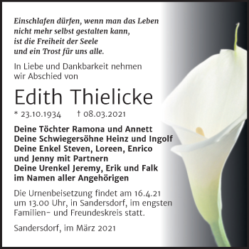 Traueranzeige von Edith Thielicke von Mitteldeutsche Zeitung Bitterfeld