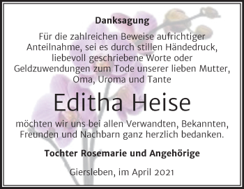 Traueranzeige von Editha Heise von Mitteldeutsche Zeitung Aschersleben