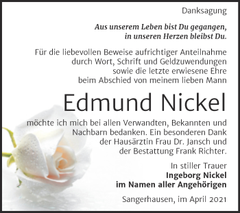 Traueranzeige von Edmund Nickel von Mitteldeutsche Zeitung Sangerhausen