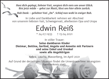 Traueranzeige von Edwin Reiß von Wochenspiegel Naumburg/Nebra
