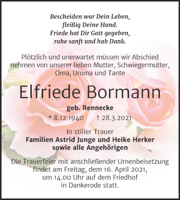 Traueranzeige von Elfriede Bormann von Mitteldeutsche Zeitung Quedlingburg