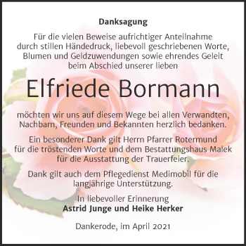 Traueranzeige von Elfriede Bormann von Mitteldeutsche Zeitung Quedlingburg